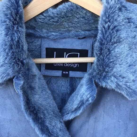 Utex Design VGUC blue suede feel button up jacket fleecy inside, side pockets - Picture 2 of 16